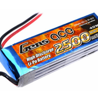 Gens ace 2500mAh 14.8V 25C 4S1P Lipo Battery Pack Product Type:lipo battery pack - Capacity: 2500mAh - Voltage: 14.8V - Max Continuous Discharge: 25C (62.5A) - Max Burst Discharge: 50C (125A)