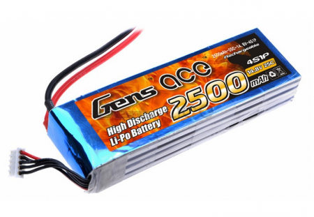 Gens ace 2500mAh 14.8V 25C 4S1P Lipo Battery Pack Product Type:lipo battery pack - Capacity: 2500mAh - Voltage: 14.8V - Max Continuous Discharge: 25C (62.5A) - Max Burst Discharge: 50C (125A)